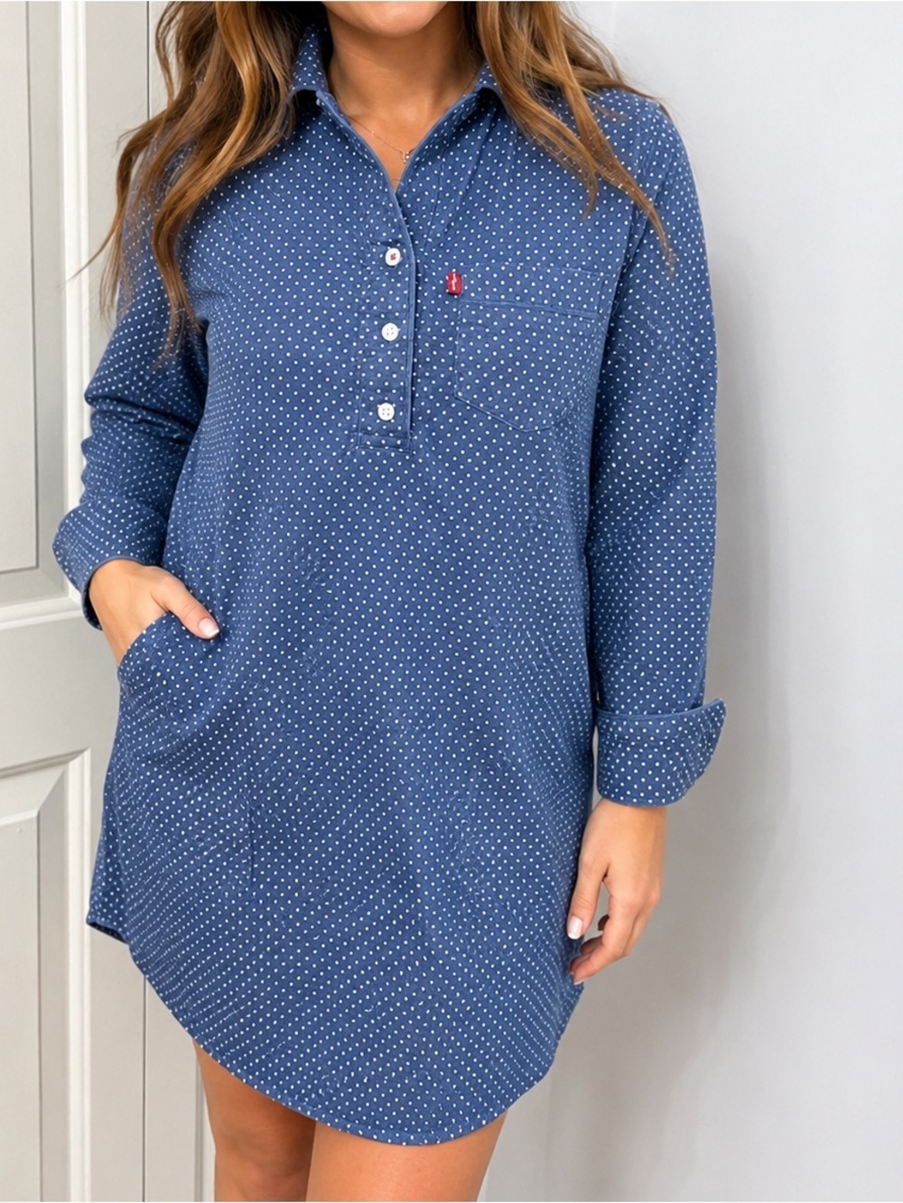 Levi’s Blue XS Long Sleeve Polka Dot Cotton Chambray Shirt Dress Tunic
